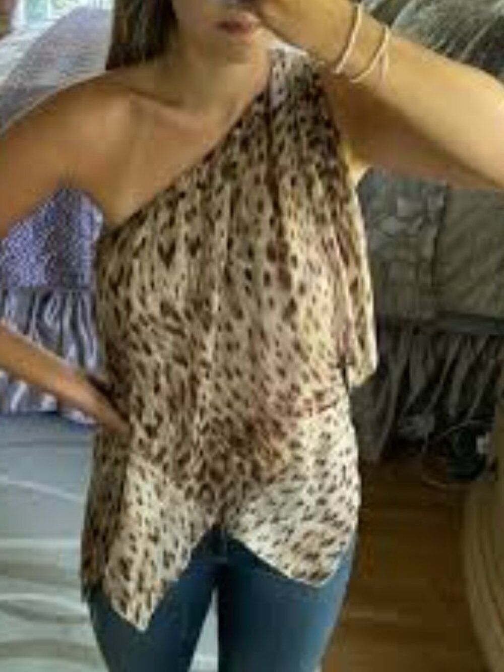 Karina Grimaldi One-Shoulder Animal 100% Silk Drape Handkerchief Blouse $225.00 - Picture 2 of 9